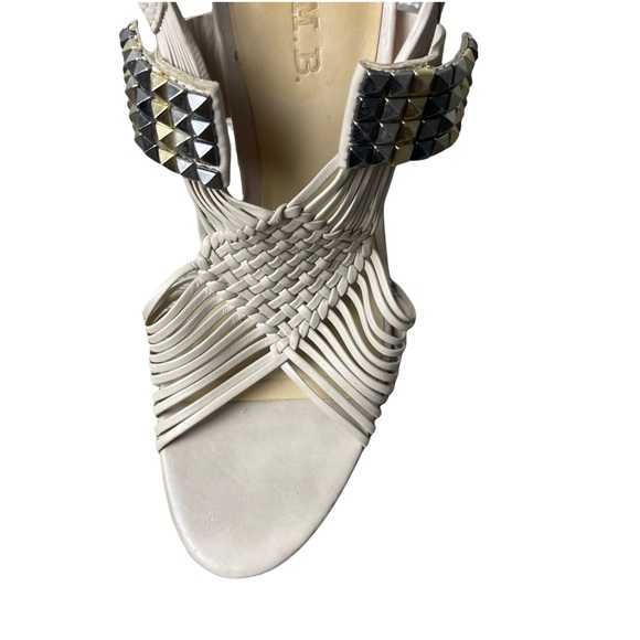 L.A.M.B 'Dakota' Cream Leather Strappy Woven Studded  Stiletto Sandal Heels 7.5M - Picture 3 of 12